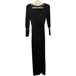 Bebe V Neck Faux Leather Tripped Wrap Maxi Dress in Black
